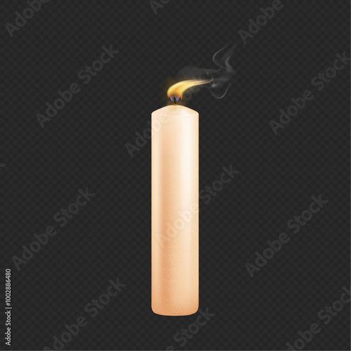 Blowing out candlelight with fire flame and smoke. Vector realistic wax or paraffin pillar candle with wick and brightness or illumination isolated on transparent background