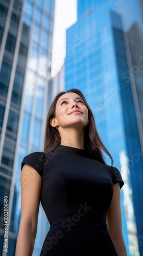Confident woman standing in an urban setting, looking up at skyscrapers with a determined expression. Free Download Confident woman standing in an urban setting, looking up at skyscrapers with a determined expression. - GFXLoad