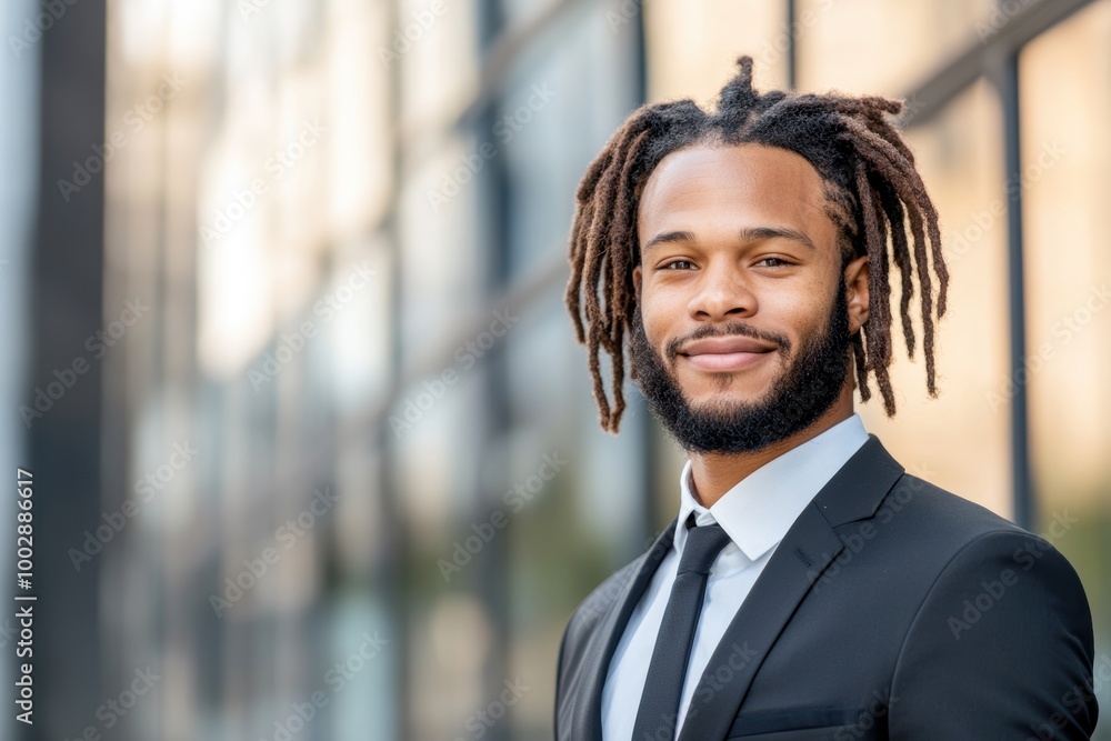Confident young man in a suit standing outside a modern building with a professional demeanor. Confident young man in a suit standing outside a modern building with a professional demeanor.
