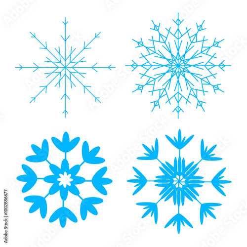 Snowflakes blue lines and circles. Cute snow flake collection isolated on white background. Nice snowflakes collection for Christmas cards or banners EPS 10