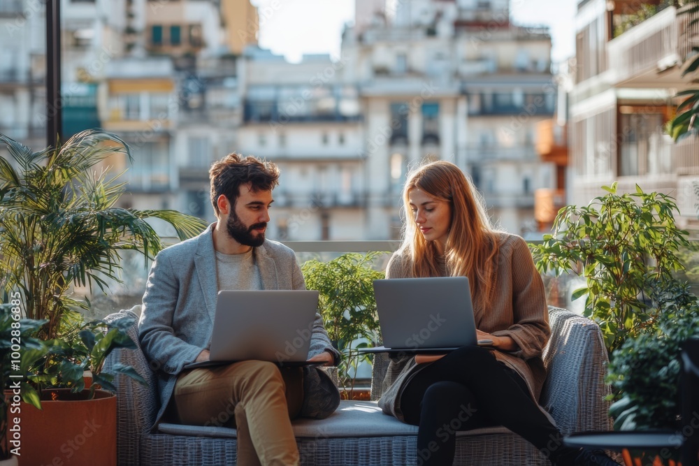 Two young business people with laptop sitting on a terrace outside office, working, Generative AI Two young business people with laptop sitting on a terrace outside office, working, Generative AI