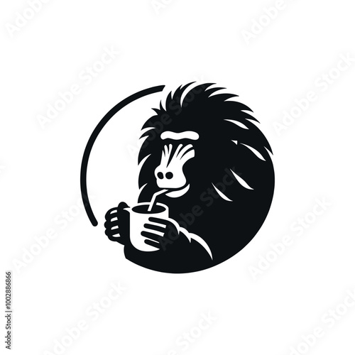 Baboon  drinking coffee. Logo, round emblem, sign, icon. simple black and white vector illustration