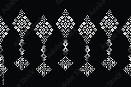 Ethnic traditional motifs ikat geometric black fabric pattern cross stitch.Ikat embroidery Ethnic oriental Pixel black background.Abstract,vector,illustration. Texture,decoration,wallpaper.