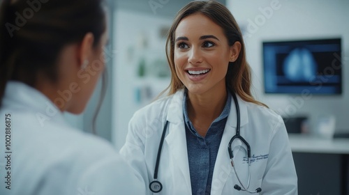 Pharmaceutical sales representative talking with doctors in medical building, presenting new product on tablet, Generative AI