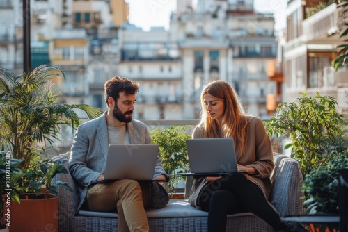 Two young business people with laptop sitting on a terrace outside office, working, Generative AI