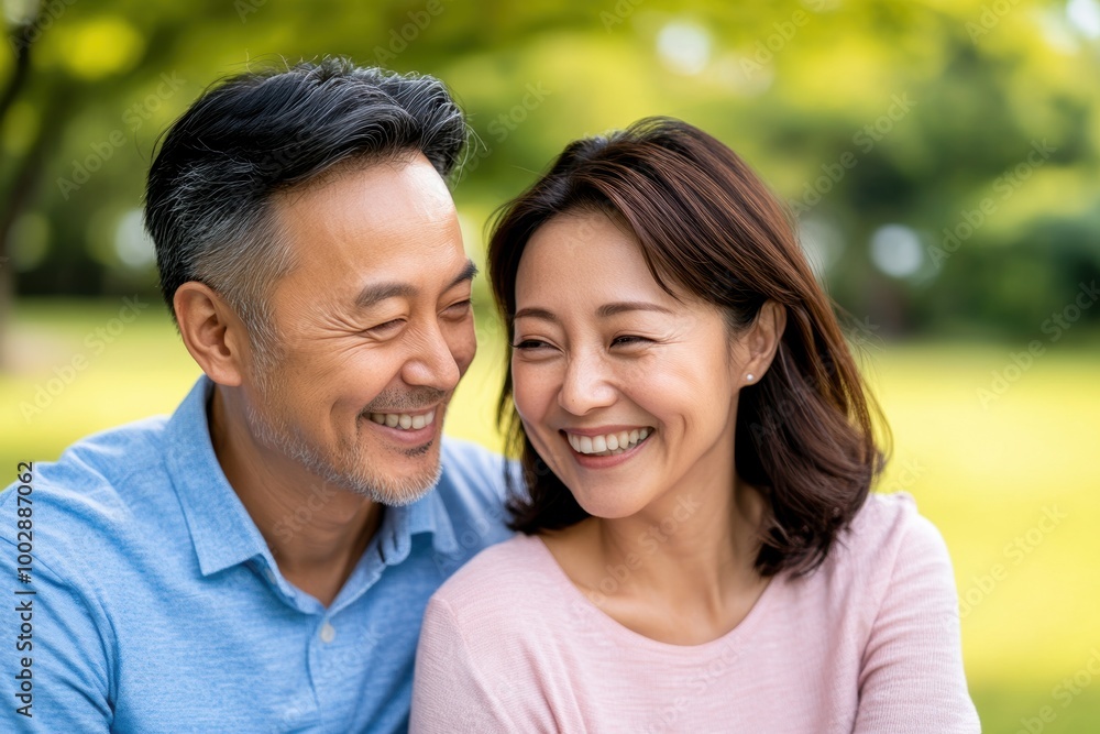A joyful couple sharing a moment of laughter in a serene outdoor setting, surrounded by lush greenery. A joyful couple sharing a moment of laughter in a serene outdoor setting, surrounded by lush greenery.