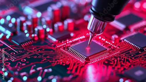 High-tech robotic precision tool assembling microchips on a complex circuit board, glowing with red lights, symbolizing innovation in AI and electronics manufacturing