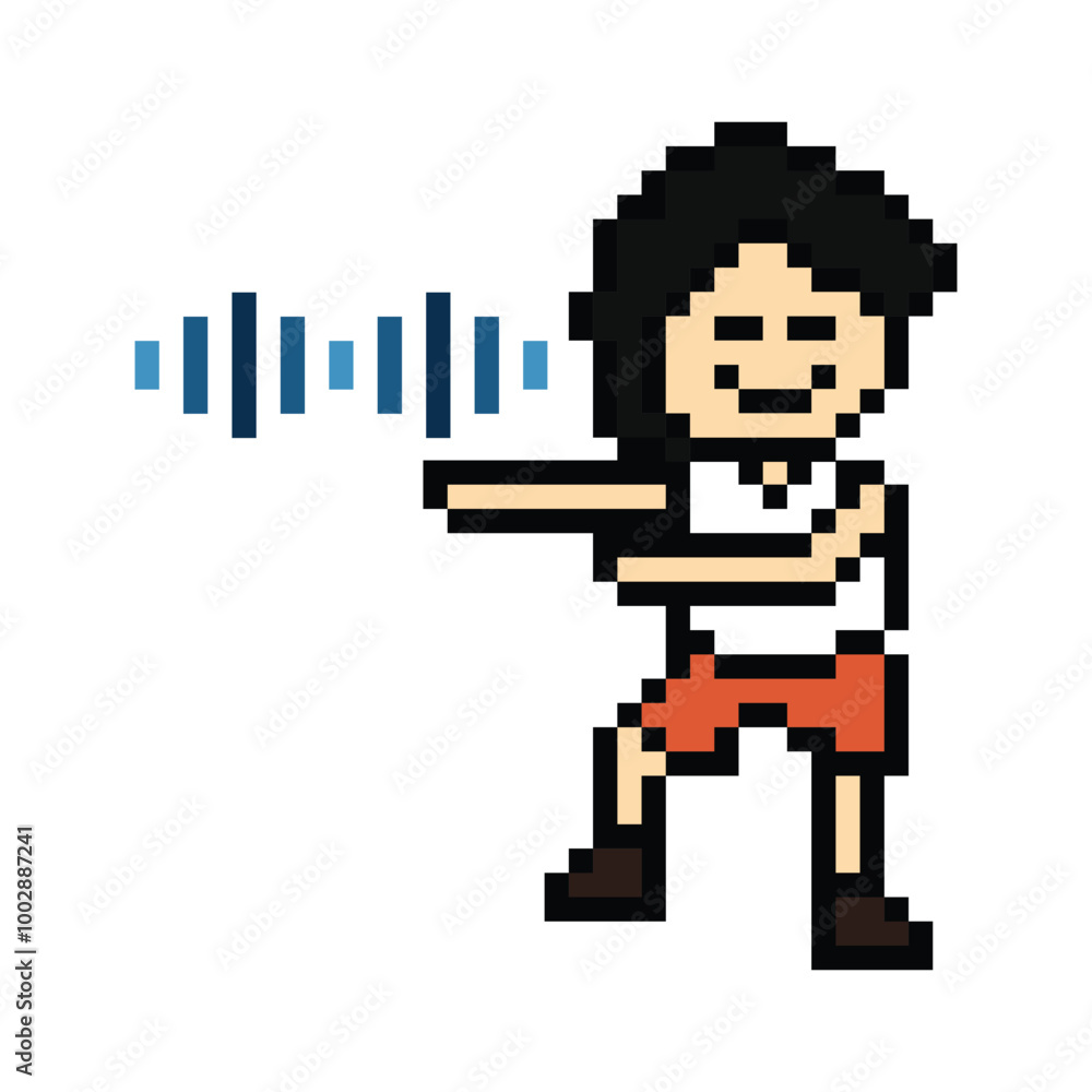 Cute cartoon pixel character cute man exercises training dance lifestyle music decoration life style 8 bit male boy dance with music game fitness isolated PNG vector. Cute cartoon pixel character cute man exercises training dance lifestyle music decoration life style 8 bit male boy dance with music game fitness isolated PNG vector.