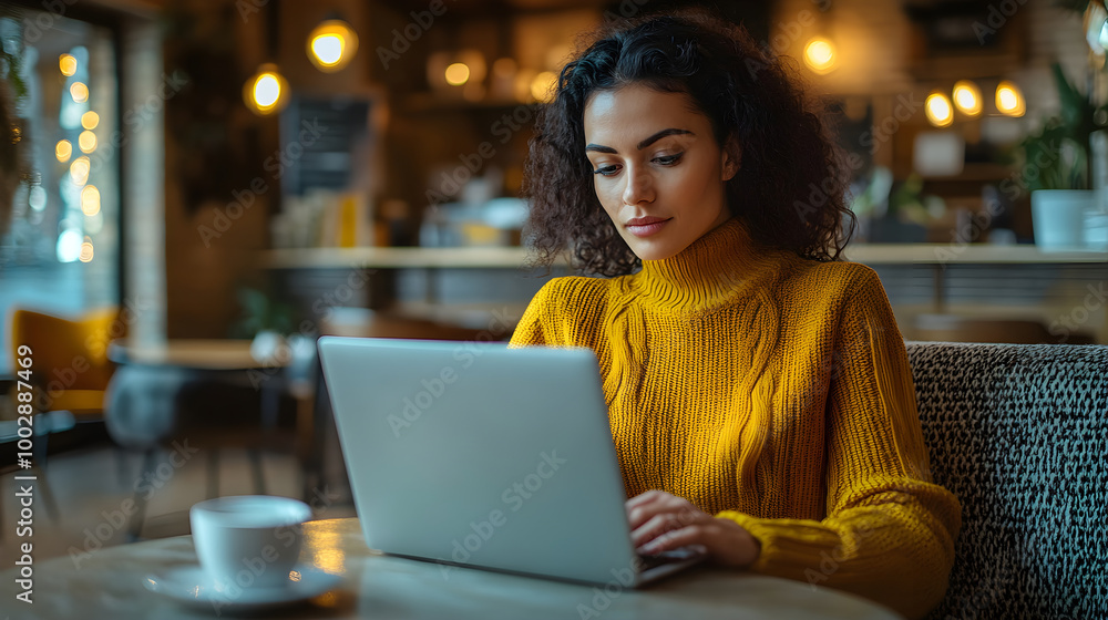 woman working on laptop in cozy cafe, enjoying her coffee woman working on laptop in cozy cafe, enjoying her coffee