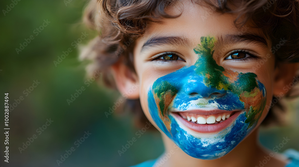 young boy with painted face smiles brightly, showcasing world theme young boy with painted face smiles brightly, showcasing world theme