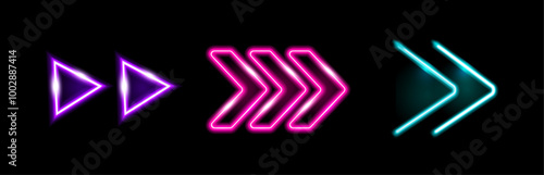 Neon realistic arrow icons. Vector isolated glowing swipe up signs, outline pointer silhouette. Arrowhead and cursor navigation, movement direction and motion way. Symbols for user interface