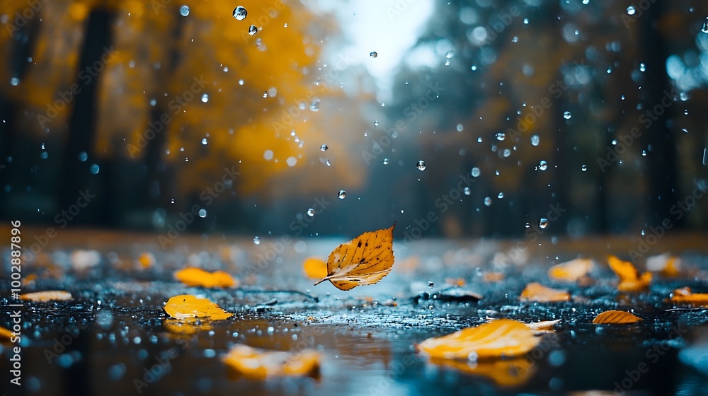 landscape autumn rain drops splashes in the forest background, october weather landscape landscape autumn rain drops splashes in the forest background, october weather landscape