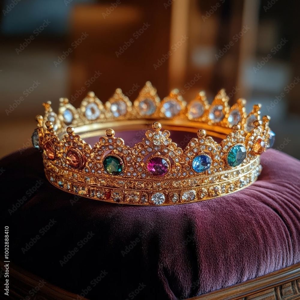 Capture the worms-eye view of a golden crown on a velvet pillow, highlighting intricate gem details Capture the worms-eye view of a golden crown on a velvet pillow, highlighting intricate gem details