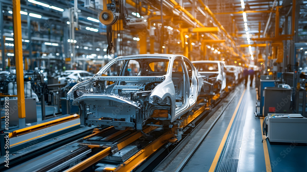 Modern assembly line in factory showcasing car production and efficiency Modern assembly line in factory showcasing car production and efficiency
