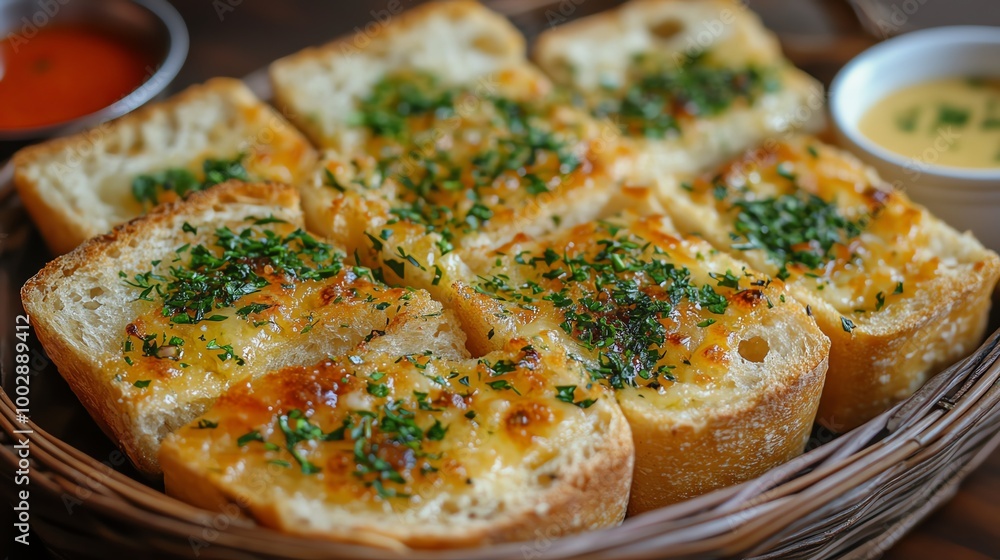 Crispy bread topped with garlic butter and herbs, placed in a basket with dipping sauces on the side, inviting warm tones, crispy bread, party snack concept Crispy bread topped with garlic butter and herbs, placed in a basket with dipping sauces on the side, inviting warm tones, crispy bread, party snack concept
