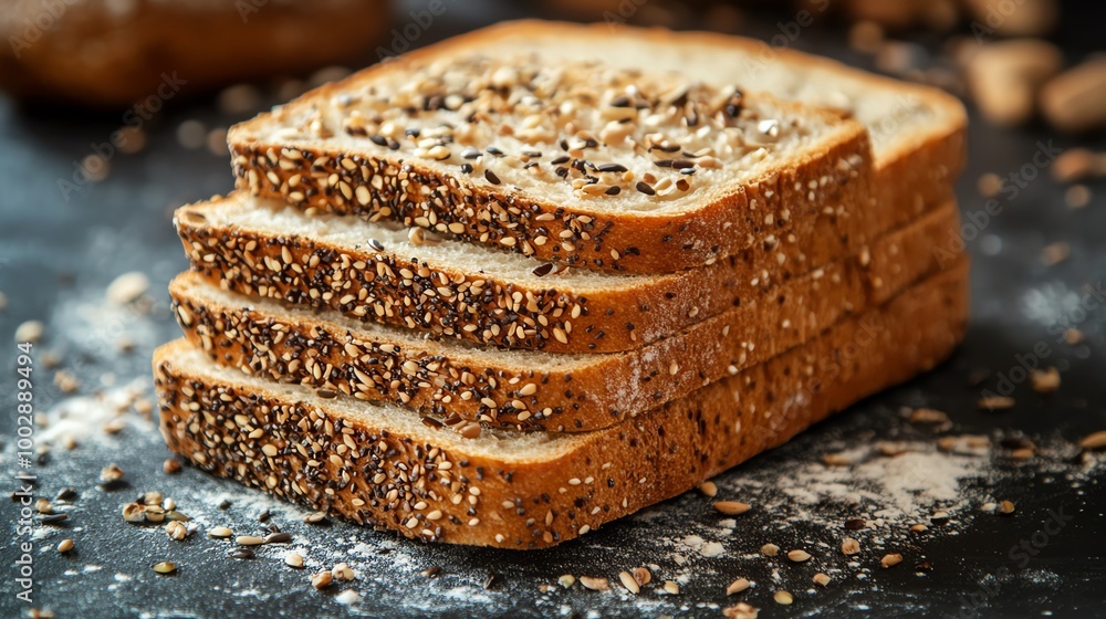 Crispy multigrain bread slices with seeds, placed on a rustic surface with flour scattered around, highlighting the artisanal quality, crispy bread, healthy snack
