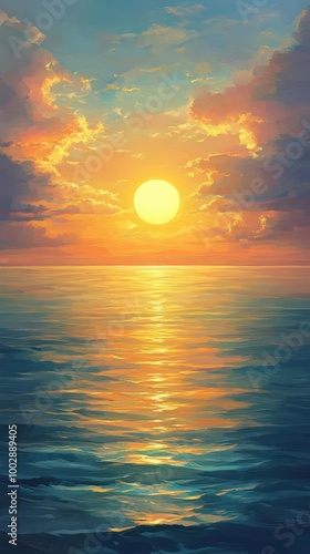 Craft a digital painting showcasing a golden sunset over an expansive ocean, accentuating the serene yet vibrant natural beauty