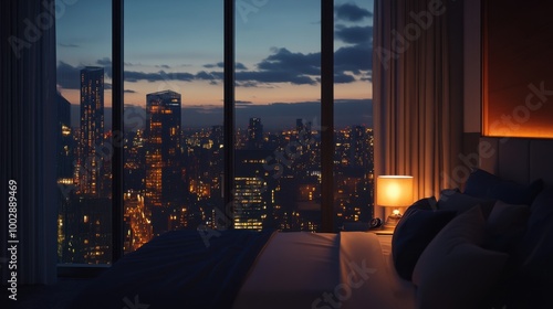 A cozy bedroom with a stunning city view at dusk, featuring soft lighting and modern decor, perfect for relaxation and inspiration.