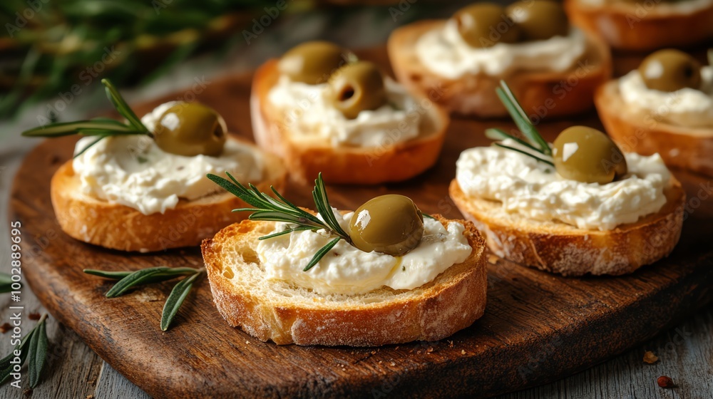 Crunchy bread crostini with soft cheese spread and olives, shot in warm lighting to highlight the rustic setup, crispy bread, gourmet appetizer Crunchy bread crostini with soft cheese spread and olives, shot in warm lighting to highlight the rustic setup, crispy bread, gourmet appetizer
