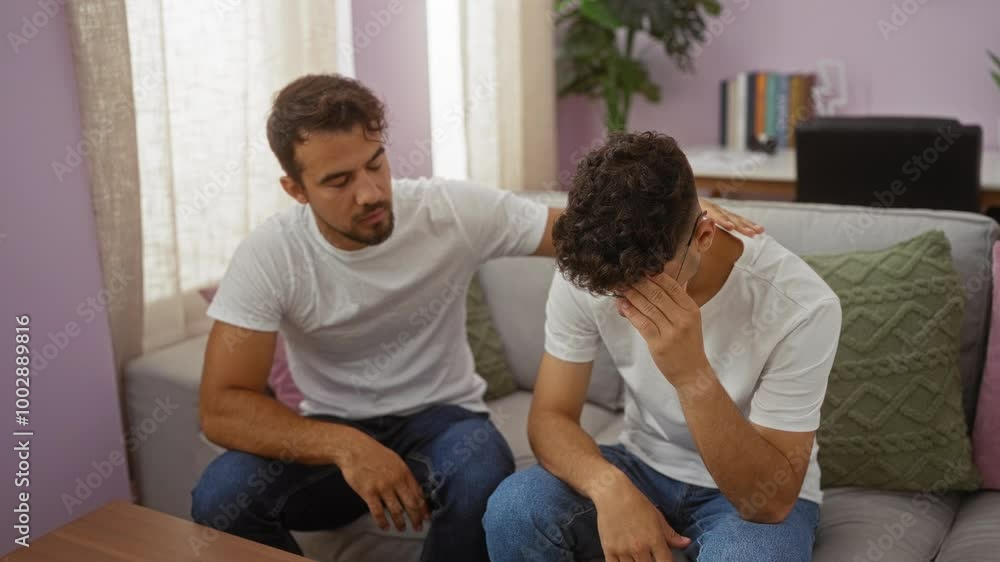 Father comforting son in living room with loving support while son appears sad and distressed, both wearing white shirts and jeans, sitting on sofa in modern, cozy home interior Father comforting son in living room with loving support while son appears sad and distressed, both wearing white shirts and jeans, sitting on sofa in modern, cozy home interior