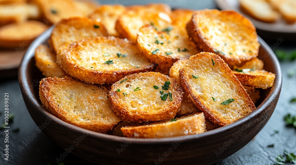 Parmesan crusted crispy bread slices arranged neatly in a bowl, perfect for a snack or appetizer, soft shadows highlighting the golden color, crispy bread, cheesy snack Parmesan crusted crispy bread slices arranged neatly in a bowl, perfect for a snack or appetizer, soft shadows highlighting the golden color, crispy bread, cheesy snack