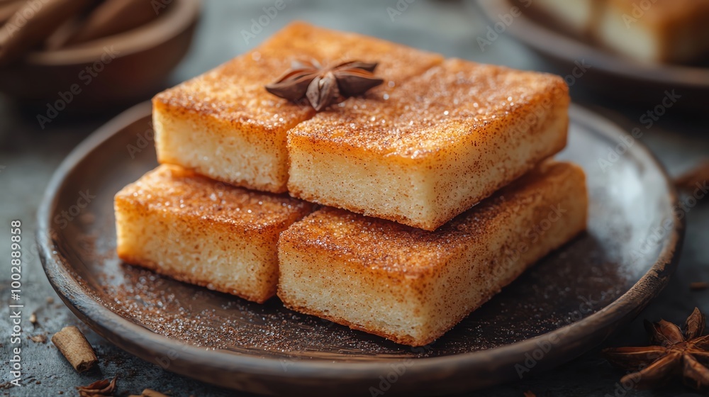 Sweet crispy bread slices with cinnamon and sugar coating, placed on a rustic plate, warm lighting for a cozy and inviting feel, crispy bread, sweet snack concept Sweet crispy bread slices with cinnamon and sugar coating, placed on a rustic plate, warm lighting for a cozy and inviting feel, crispy bread, sweet snack concept