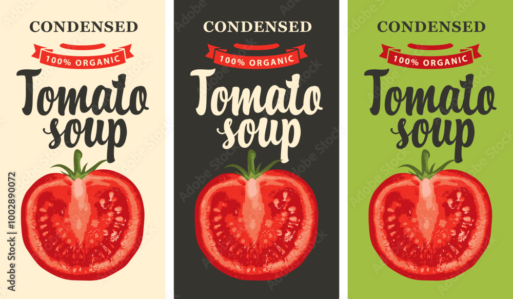 Labels for a condensed tomato soup in retro style. Set of vector labels or banners for organic tomato soup with the image of a cut half tomato and inscriptions Labels for a condensed tomato soup in retro style. Set of vector labels or banners for organic tomato soup with the image of a cut half tomato and inscriptions