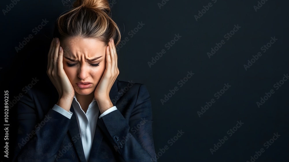 Dramatic lighting highlights a woman’s emotional turmoil in a business suit. Dramatic lighting highlights a woman’s emotional turmoil in a business suit.