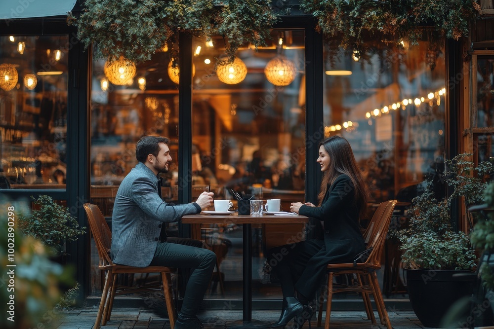 Meeting of business partners in a cafe, discussing a project outside the office. Kazakh businessman and businesswoman create enterprise start up team, Generative AI Meeting of business partners in a cafe, discussing a project outside the office. Kazakh businessman and businesswoman create enterprise start up team, Generative AI