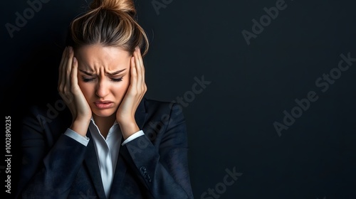 Dramatic lighting highlights a woman’s emotional turmoil in a business suit.