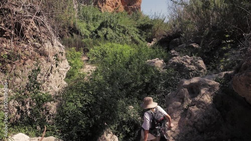 Young Girl  with Backpack and hat Trekking Through Sunny Canyon Path. Girl Urrounded by Green Foliage and Rock Formations photo