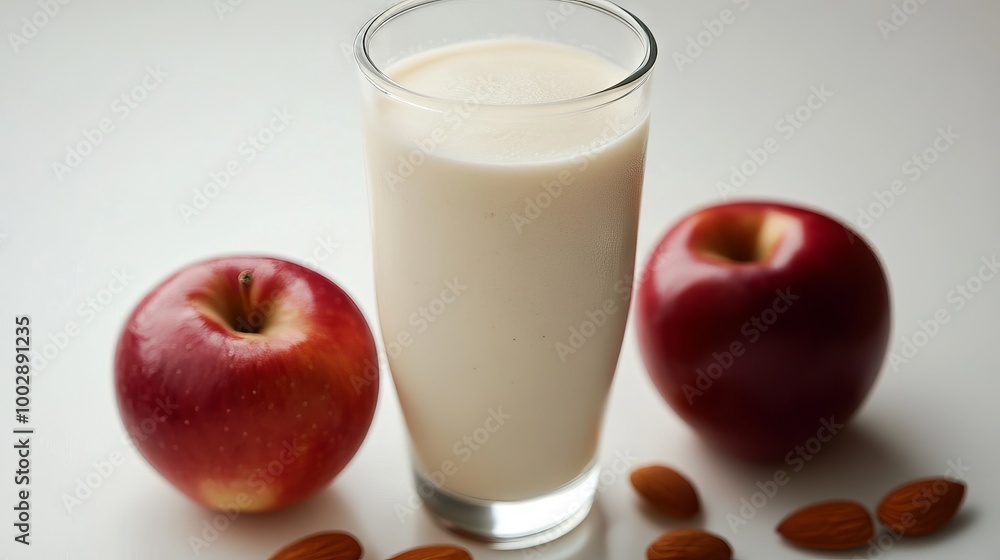 A refreshing summer drink! This apple milkshake is made with almond milk and frozen apples. It's pictured against a white background with an apple and almonds. A refreshing summer drink! This apple milkshake is made with almond milk and frozen apples. It's pictured against a white background with an apple and almonds.