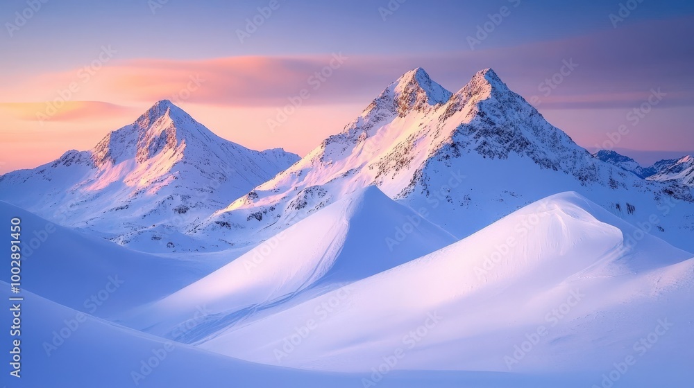 The snow-covered peaks rise dramatically against a pastel sky as dawn breaks, casting a soft glow across the tranquil winter landscape The snow-covered peaks rise dramatically against a pastel sky as dawn breaks, casting a soft glow across the tranquil winter landscape