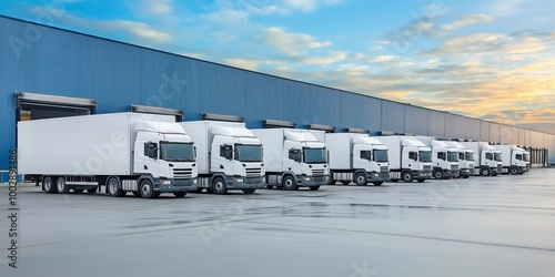 A fleet of white delivery trucks lined up outside a warehouse at sunrise, symbolizing logistics, transportation, and the efficiency of supply chain operations, Generative Ai