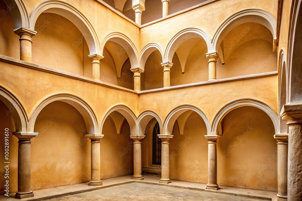 Abstract architectural design of beige wall with arched elements in courtyard Abstract architectural design of beige wall with arched elements in courtyard