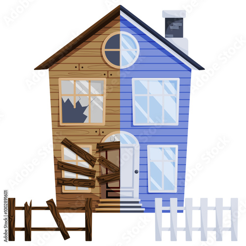 Home renovation, house before and after repair. New and old suburban cottage. Remodel construction. Old run-down house remodeled into cute traditional suburban cottage. Building maintenance service