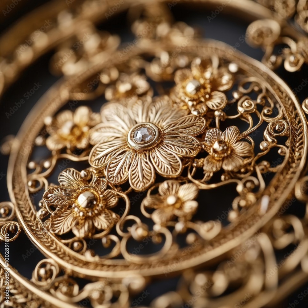 Create a high-angle view of intricate gold filigree on an antique jewelry piece Show the details of gold filigree luxuriously Create a high-angle view of intricate gold filigree on an antique jewelry piece Show the details of gold filigree luxuriously
