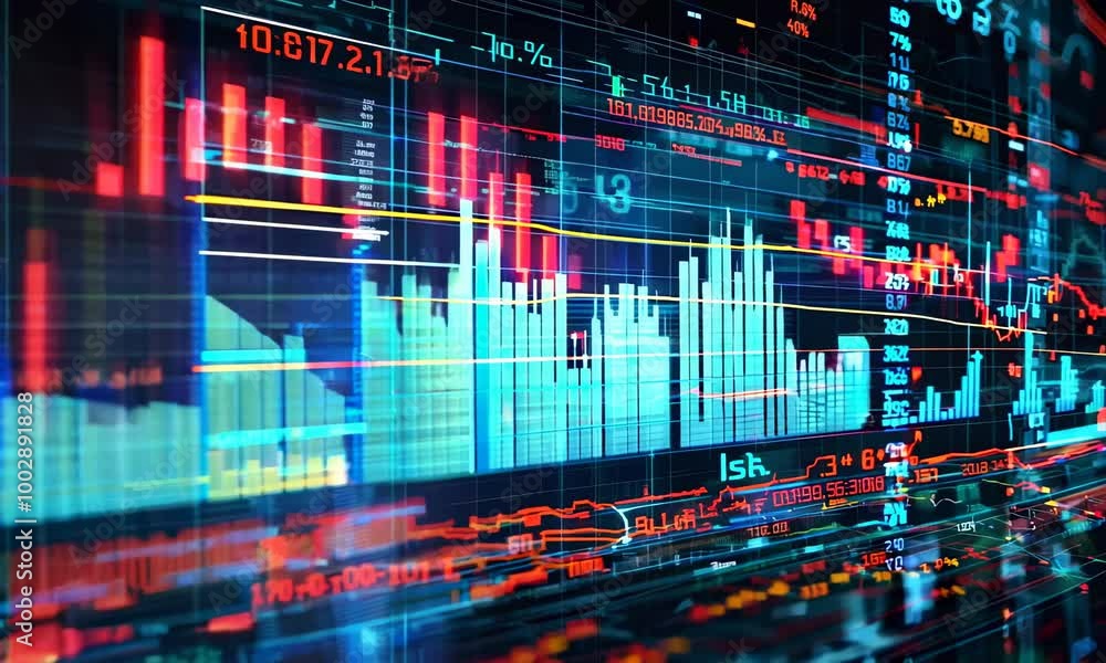 Digital data, visualization of financial charts, markets and exchanges using artificial intelligence technologies, information analysis and algorithms Digital data, visualization of financial charts, markets and exchanges using artificial intelligence technologies, information analysis and algorithms