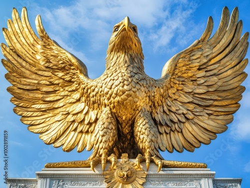 Create a high-angle view of a majestic golden eagle statue, its wings outstretched, evoking power and freedom photo