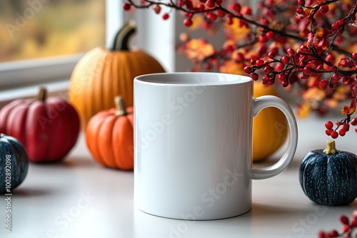 A cozy scene featuring a blank mug surrounded by colorful pumpkins and autumn foliage, perfect for fall-themed decor.