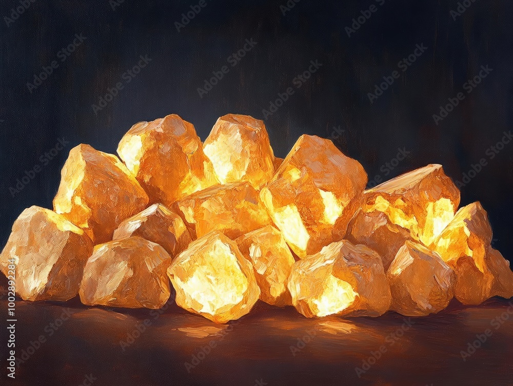Create a side view illustration of rough, unrefined gold nuggets, glowing against a dark background in an oil painting style Create a side view illustration of rough, unrefined gold nuggets, glowing against a dark background in an oil painting style