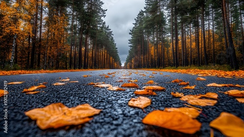 Bright landscape of a road across auttumn forest with fallen orange and yellow leafs photo