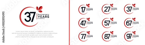 anniversary logotype set. vector design black color with red ring and leaf for special moment photo