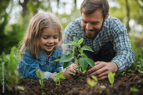 Girl and father planting tree in garden in the spring, using compost. Concept of sustainable gardening family gardening, Generative AI