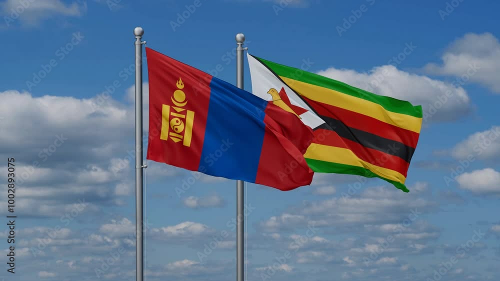 Zimbabwe and Mongolia flags flying together, video concept of the relationship, two country cooperation concept Zimbabwe and Mongolia flags flying together, video concept of the relationship, two country cooperation concept
