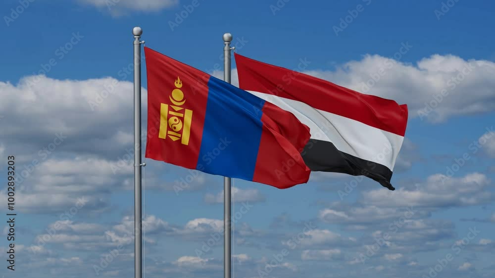 Yemen and Mongolia flags flying together, video concept of the relationship, two country cooperation concept Yemen and Mongolia flags flying together, video concept of the relationship, two country cooperation concept