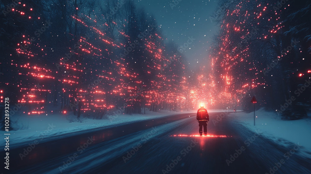 In a tranquil winter setting, a solitary person walks along a snow-blanketed road illuminated by glowing trees against a star-filled sky In a tranquil winter setting, a solitary person walks along a snow-blanketed road illuminated by glowing trees against a star-filled sky