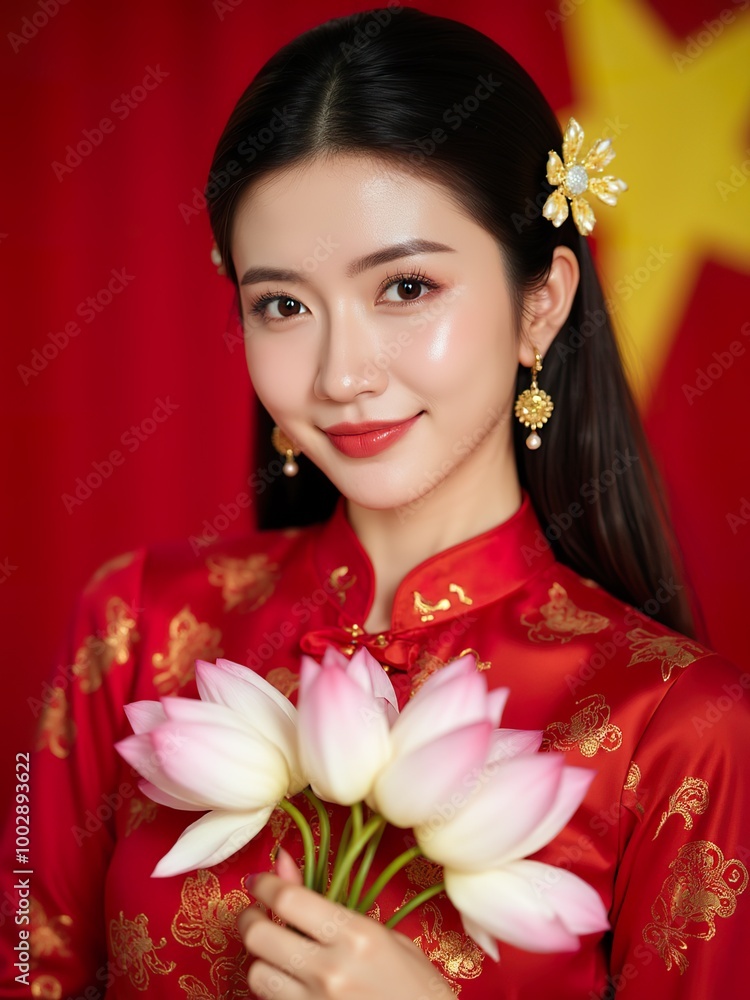 Fototapeta premium Portrait of a smiling asian woman in a red traditional costume holding lotus flowers, with the Vietnam flag in the background, taken in natural light