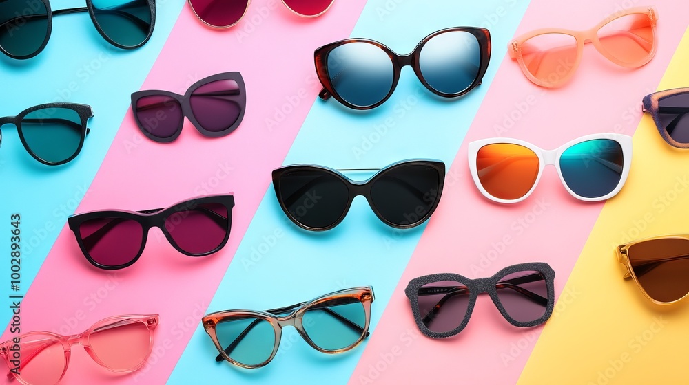 A variety of trendy sunglasses arranged on a colorful backdrop. A variety of trendy sunglasses arranged on a colorful backdrop.