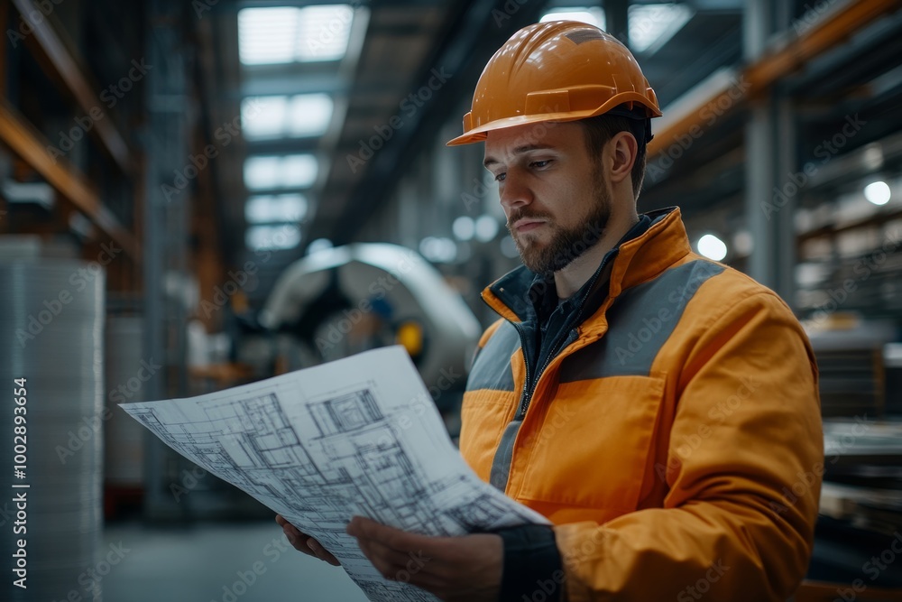 Portrait of project manager reading blueprint modern industrial factory. Manufacturing facility with robotics, robotic arms and automation. Storing products and materials in, Generative AI Portrait of project manager reading blueprint modern industrial factory. Manufacturing facility with robotics, robotic arms and automation. Storing products and materials in, Generative AI